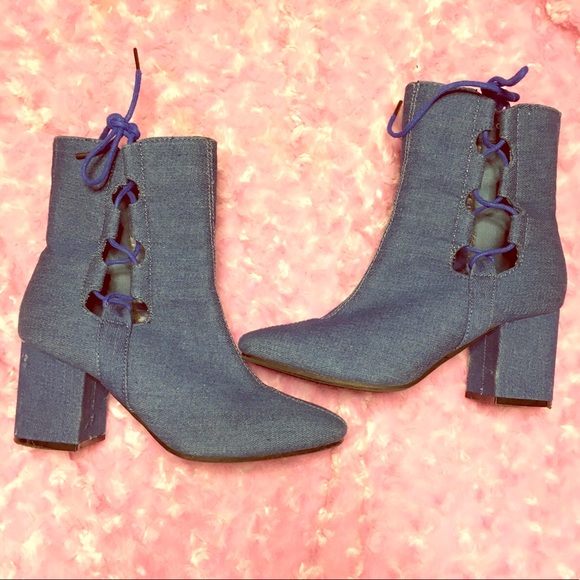 90s denim cut out chunky platform heel booties - Picture 2 of 5